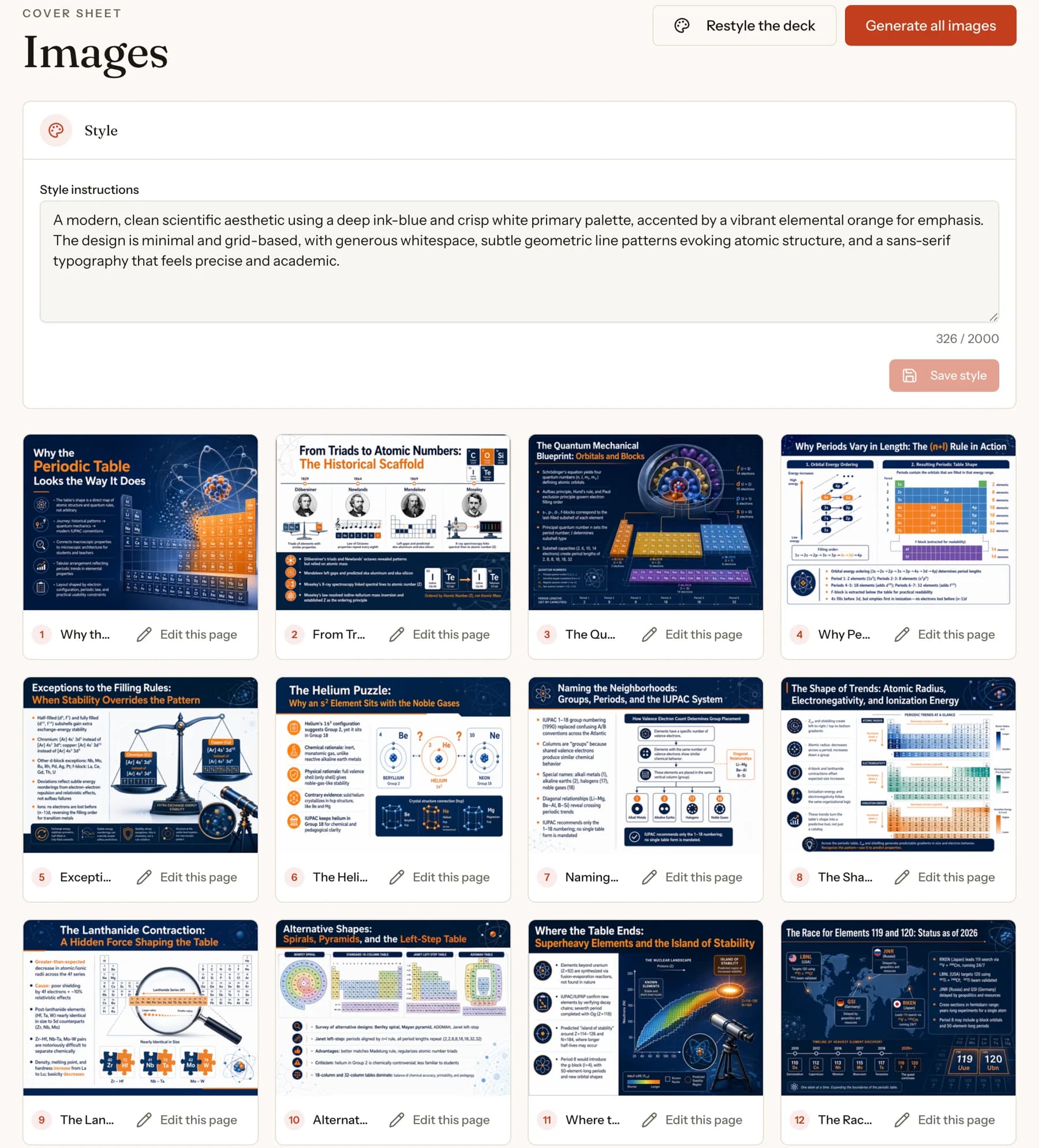PersonWise generated deck showing visual style controls and a complete set of designed slides