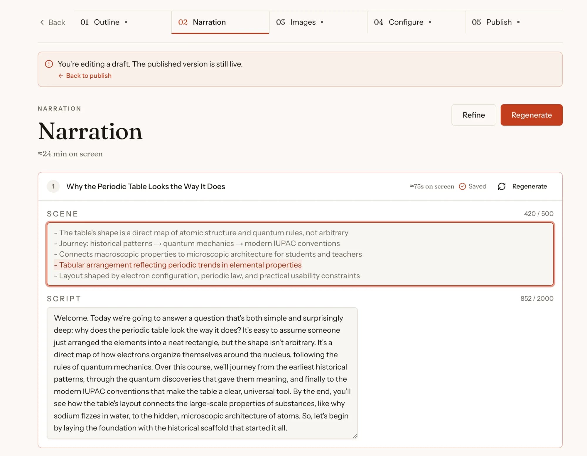 PersonWise narration editor with editable on-screen scene text and presenter script