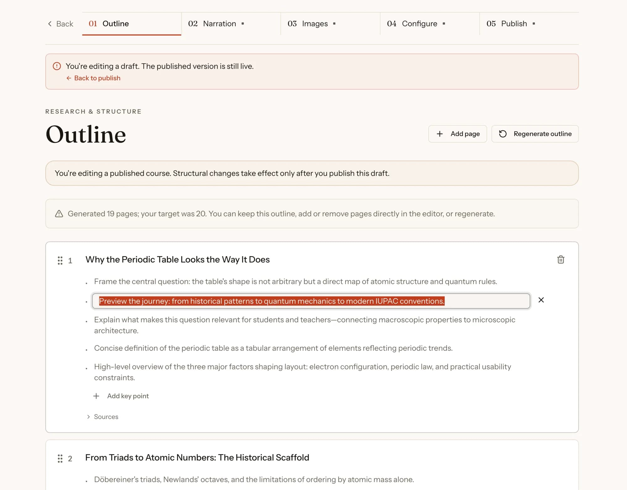 PersonWise outline editor with editable page titles, key points, ordering, and sources