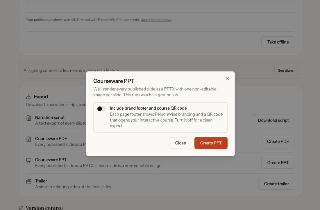 PersonWise PPTX export dialog with the optional brand footer and course QR code switched off