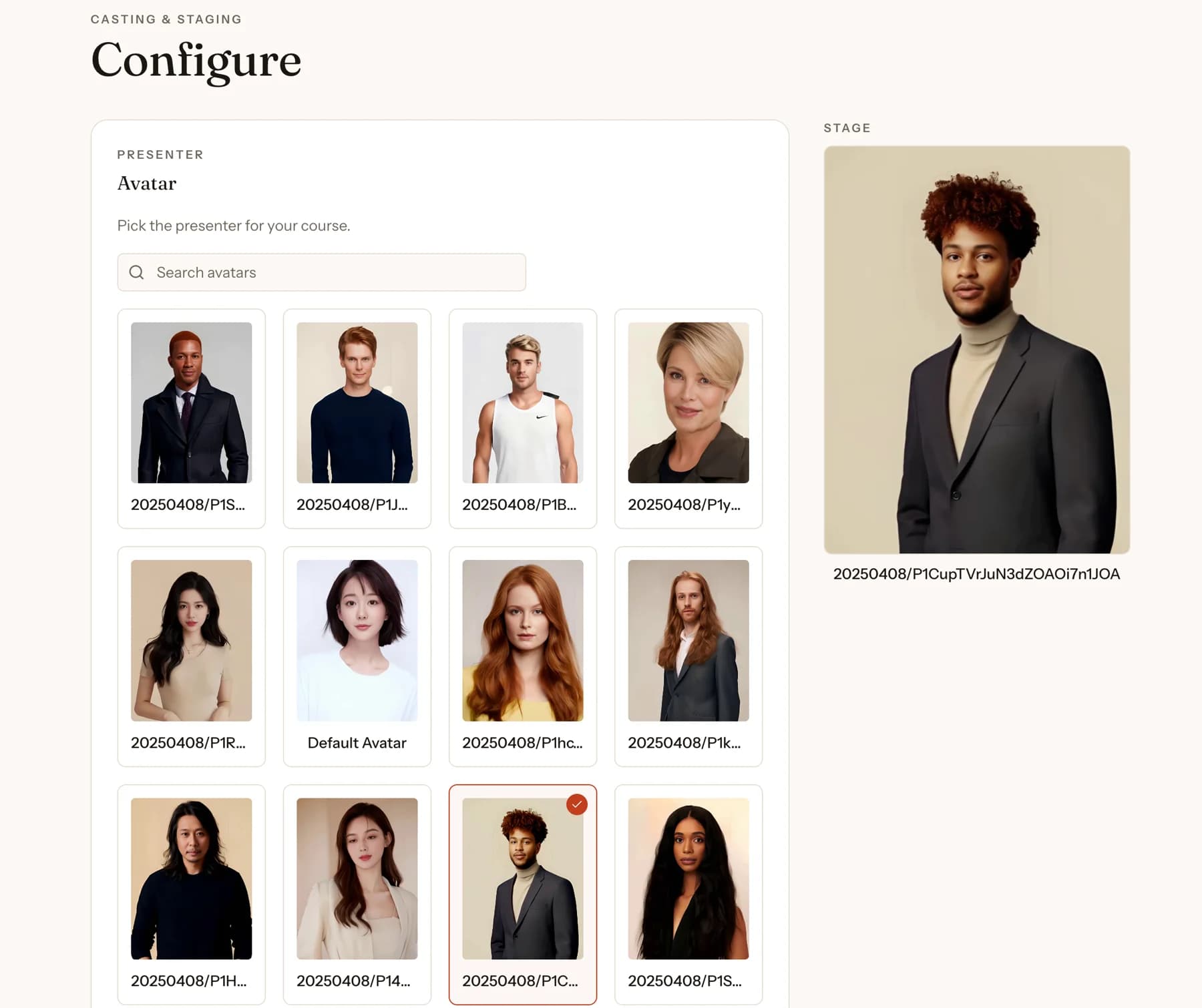 PersonWise presenter selection screen with a gallery of digital-human presenters