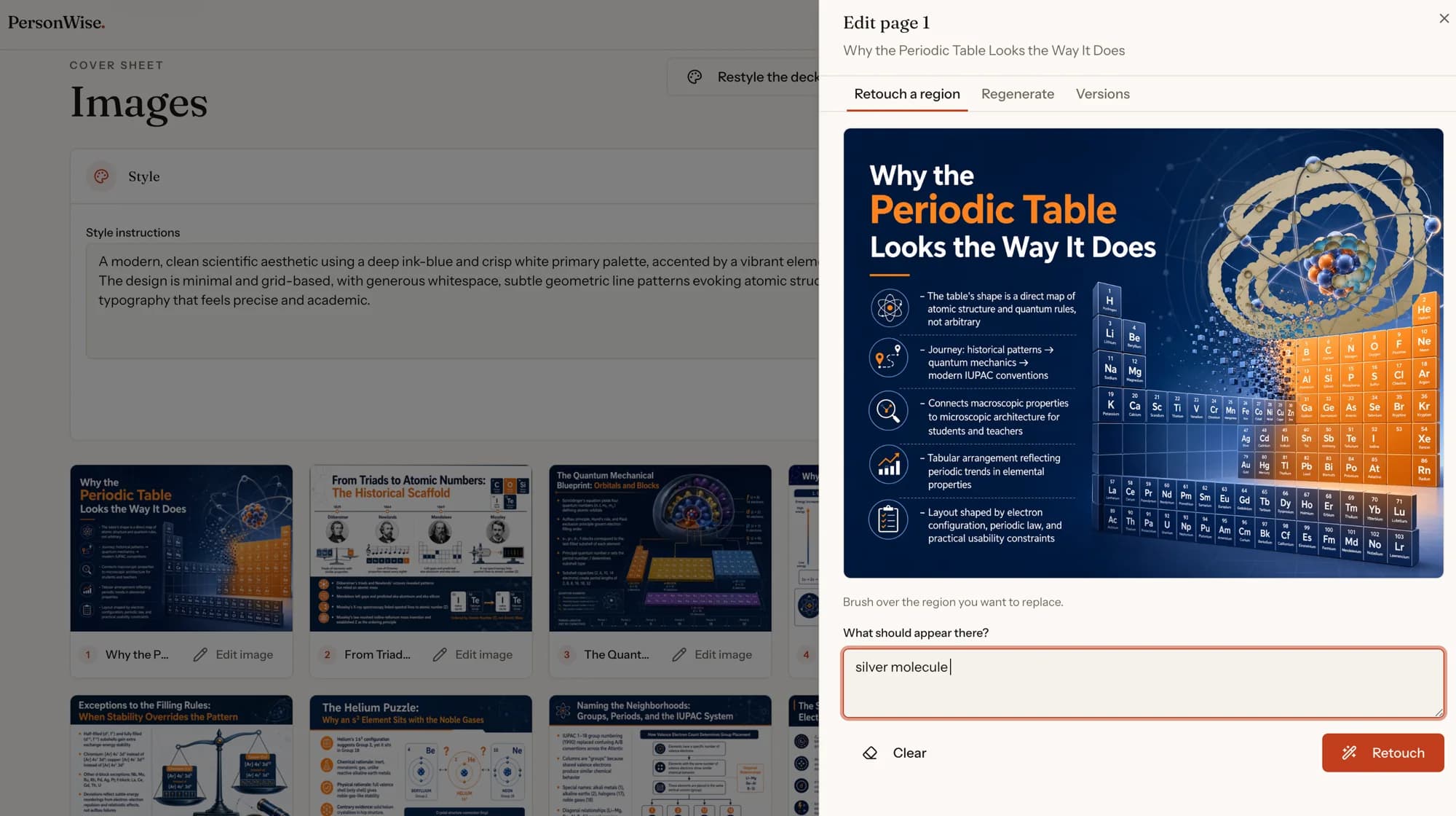 PersonWise slide-image editor with a selected region and a text instruction for retouching