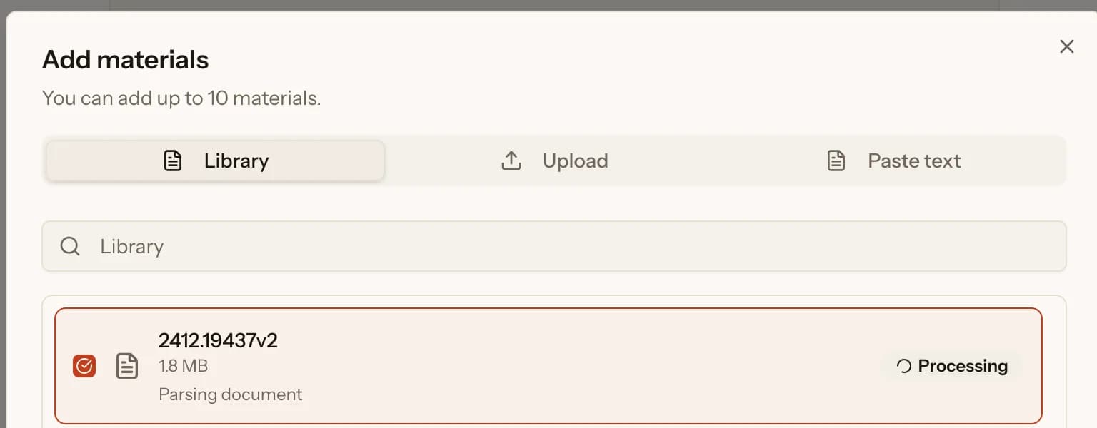 PersonWise material picker parsing an uploaded document with library, upload, and paste-text options