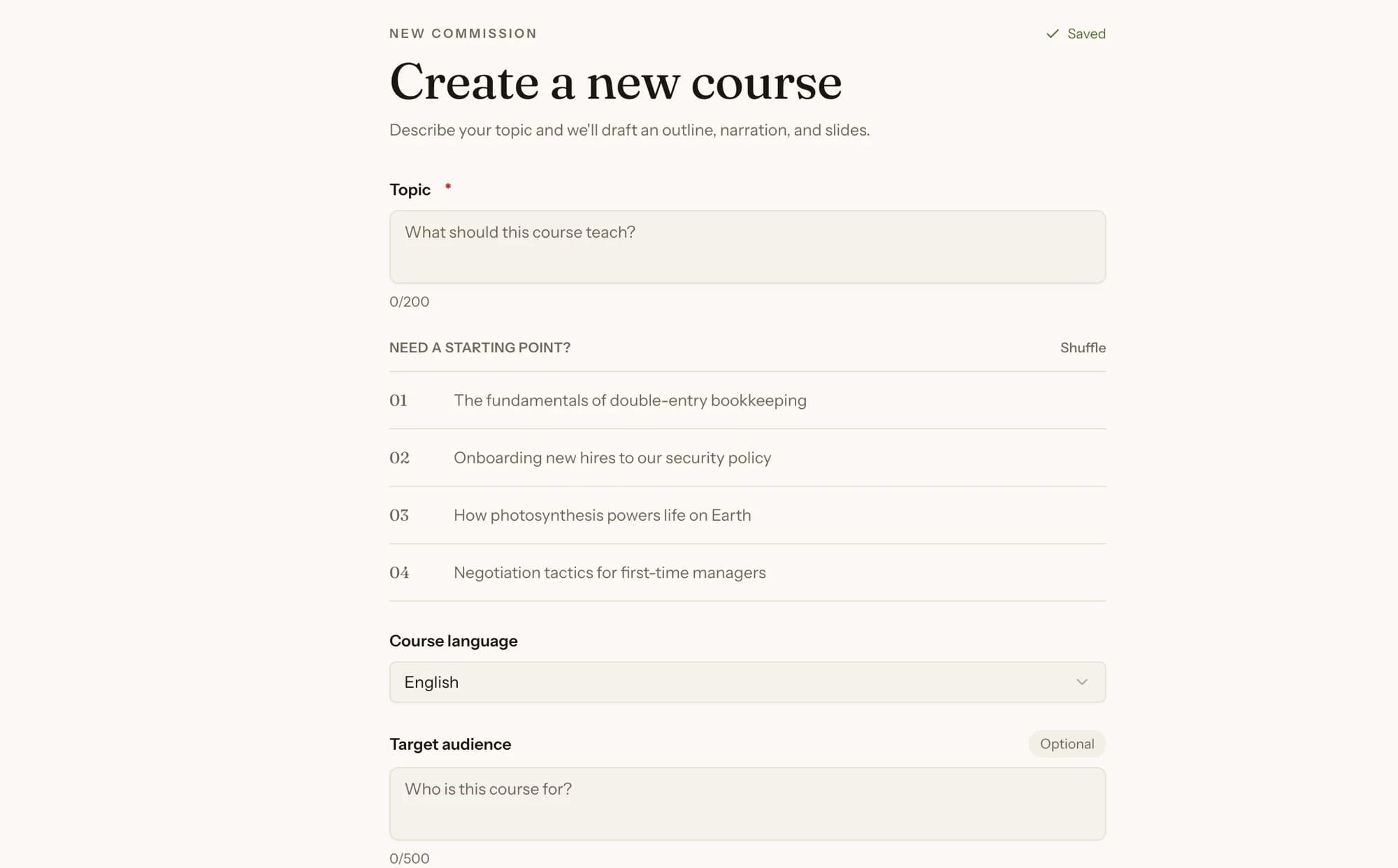 PersonWise new-course screen with topic, language, and target-audience fields